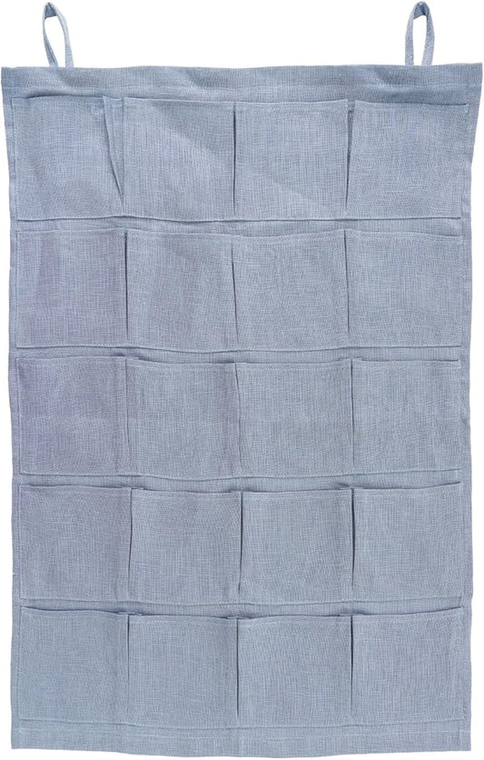 100% Linen Hanging Storage Bag with 20 Pockets, Wall Hang Over The Door Closet Organizer for Socks Underpants, Blue