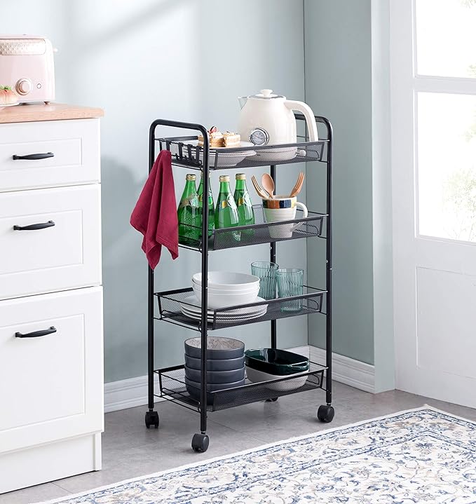 JANE EYRE Rolling Utility Storage Rack Cart on Wheels, Trolley Carft cart, Multi-Purpose Organizer Shelf (Black, 4 Tier)…-NeatNest