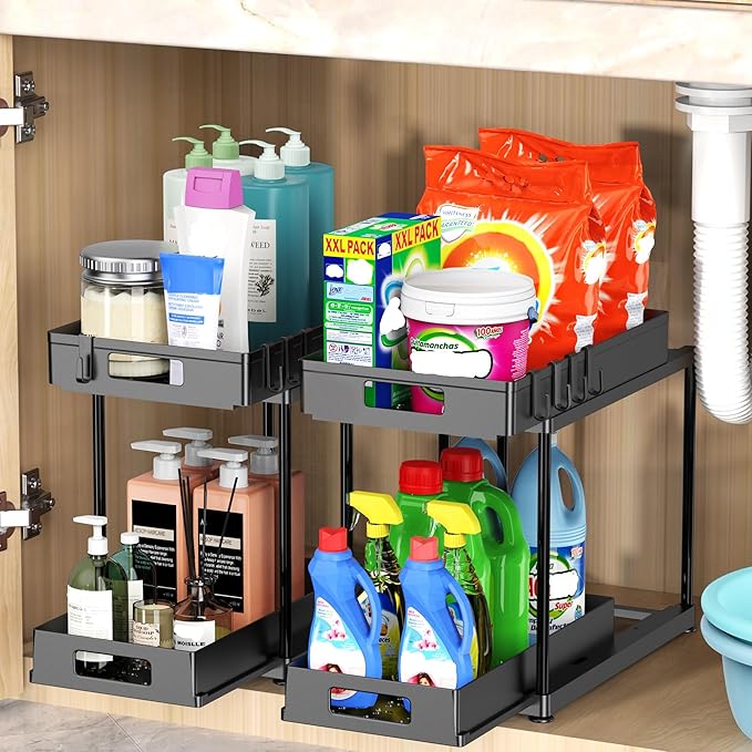 Under Sink Organizers and Storage, 2 Pack Large Capacity Heavy Load Double Pull-out Under Sink Shelves with Sliding Drawer for Kitchen and Bathroom, Black-NeatNest