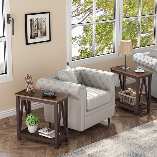 ChooChoo Farmhouse End Table, Rustic Vintage Narrow End Side Table with Storage Shelf for Small Spaces, Nightstand Sofa Table for Living Room, Bedroom Espresso 2 Pack-NeatNest