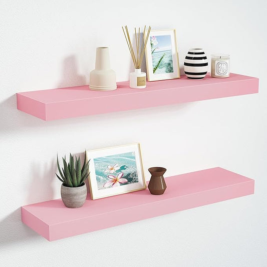 BAMEOS Pink Floating Shelves for Wall, 24" x 6" Wall Shelves for Room, Floating Book Shelves, Hanging Shelves for Bedroom, Bedroom, Living Room, Kitchen (Set of 2)-NeatNest