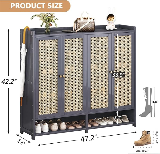Bamboo Shoe Cabinet, 8-Tier Shoe Storage Cabinet with Doors, Freestanding Bamboo Shoe Rack Organizer with Shelves for Entryway, Hallway, Closet, Living Room (Grey)