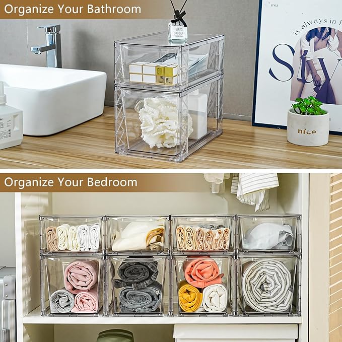 4Pack Stackable Kitchen Storage Organizer, Pantry Organizers and Storage, Clear Foods Organizer Bins with Handles, Easily Assemble for Bathroom, Kitchen, Pantry, Cabinet, Closet-NeatNest