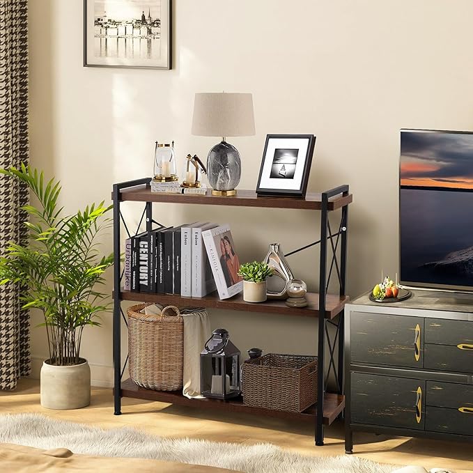 3 Tier Bookshelf 35.43" Width, Rustic Open 3 Shelf Short Bookcase with Metal Frame, Industrial Book Shelf for Home Office Bedroom Living Room (Rustic Brown)