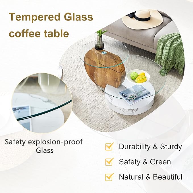 Glass Coffee Tables Round Coffee Tables for Living Room Modern 3 Tier Round Table Circle Coffee Table for Small Space Home Office (35.4 Inch White + Wood)