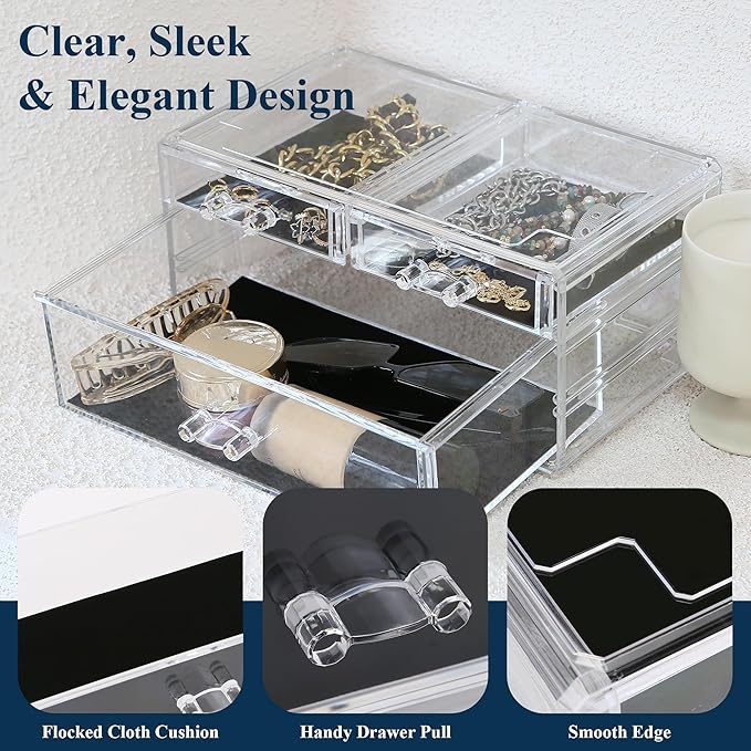Sea Team Clear Makeup Organizer with Drawers, Acrylic Plastic Cosmetic Display Case, Jewelry Storage Box, Holder for Dresser, Bathroom, Vanity, Countertop (1 Large, 2 Small Drawers)-NeatNest