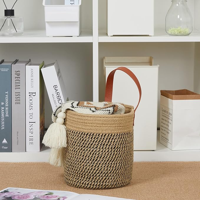 DULLEMELO Wall Hanging Storage Baskets 2 Pack 7"(D) x 8"(H), Small Woven Hanging Baskets With Sturdy Leather, Wall Door Hanging Organizer for Plants,Key,Sunglasses,Wallet (Jute&Black)-NeatNest
