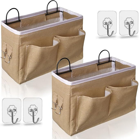 2pcs Middle Wall Hanging Organizer Bag, Linen Fabric Door Hanging Storage Basket with Pockets, Waterproof Bin for Kitchen, Bedroom, Office, RV Camper (Khaki)-NeatNest