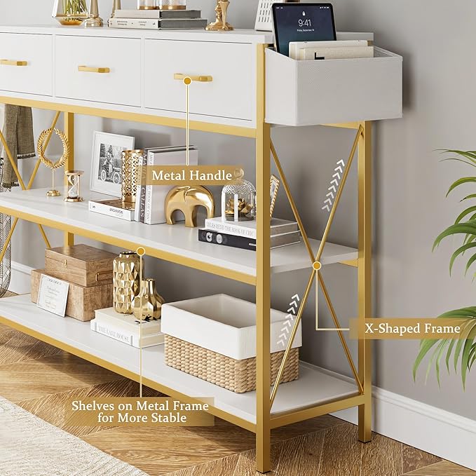 HITHOS 47.2" Console Table with 3 Drawers, Narrow Long Entryway Table with 3-Tier Storage Shelves, Industrial Sofa Foyer Table for Living Room, Hallway, Entry Way, Foyer, Kitchen, White/Gold-NeatNest