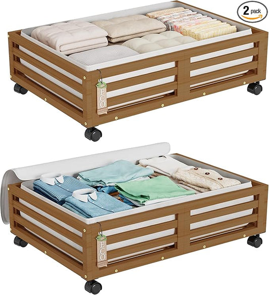 Bamboo Under Bed Storage Containers- Underbed Organizer with Wheels with Large Dust Bag,Sturdy Wood Rolling Under the Bed Shoe Storage Organizer Drawer 2 Packs (Walnut, Small)-NeatNest