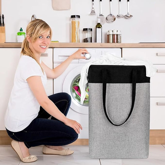 Collapsible Laundry Baskets Double Laundry Hampers Large Foldable Laundry Basket Organizer with Straps Black Gray Cloth Laundry Hamper Patchcwork Laundry Sorter Dirty Clothes Basket, QY-SC23-2-NeatNest