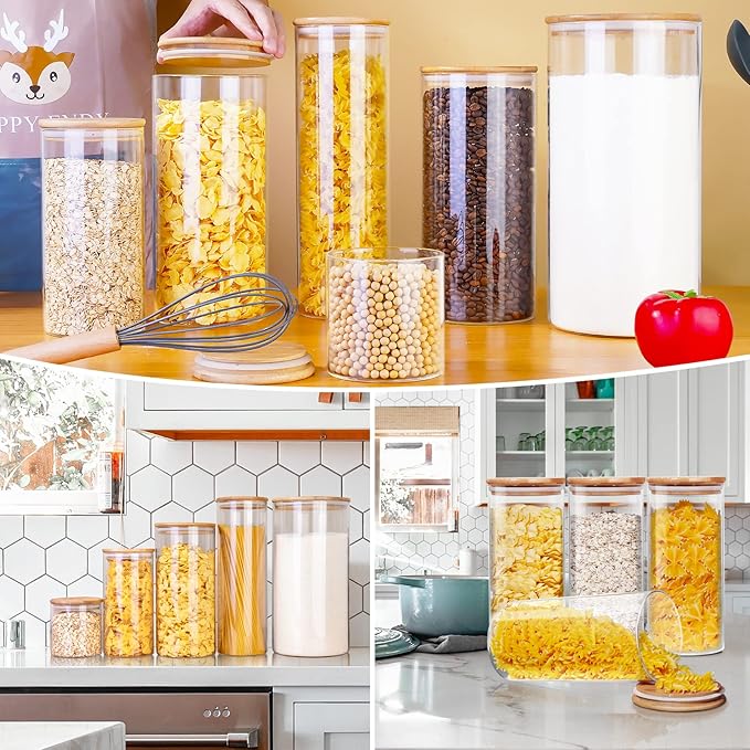 Glass Jars with Bamboo Lids 17 FL OZ [Set of 12], Glass Canisters with Airtight Lids, Glass Food Storage Containers for Spice, Coffee, Sugar, Tea, Candies, Cookies,Best for Kitchen & Pantry-NeatNest