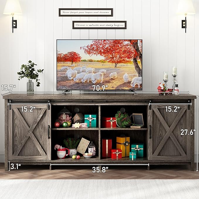 70In Farmhouse TV Stands for 70 75 80inch TV w/Adjustable Shelves,Sliding Barn Door.Rustic Wooden Entertainment Center,TV Console Grey Cabinet w/Storage for Bedroom Living Room(Dark Grey 70in)-NeatNest