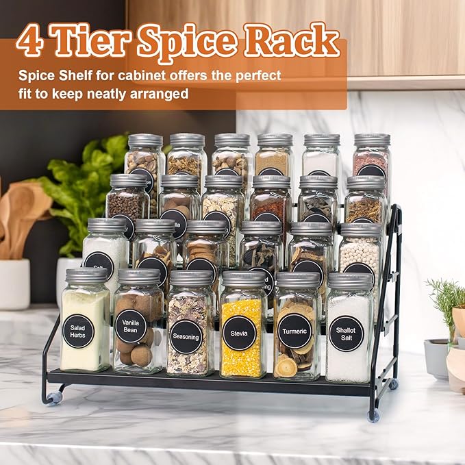 4 Tier Spice Rack Organizer for Cabinet, Step Adjustable Spice Shelf Seasoning Organizer with Non Slip Tiers, Expandable Metal Spice Rack for Kitchen Countertop, Pantry, Cupboard – Black-NeatNest