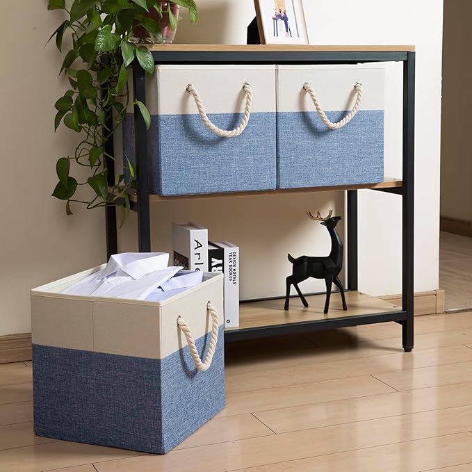 PRANDOM Large Foldable Cube Storage Bins 13x13 inch [2-Pack] Fabric Linen Storage Baskets Cubes Drawer with Cotton Handles Organizer for Shelves Nursery Closet Bedroom Beige/Blue-NeatNest