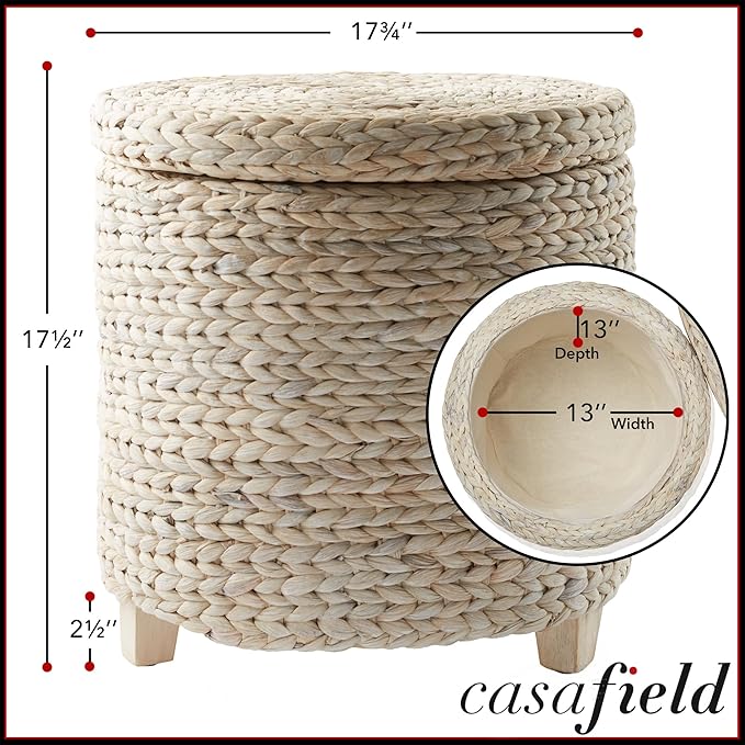 Casafield 17" Round Storage Ottoman with Lid - Whitewash, Handwoven Water Hyacinth Footstool for Living Room, Bedroom, Bathroom, Home Office-NeatNest