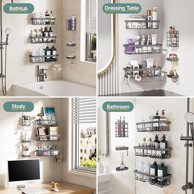 Veken Rustproof & Waterproof Shower Caddy 6-Pack, No Drilling Adhesive Shelves Rack with Soap Holder, Large Capacity Bathroom Organizers and Storage, Wall-Mounted Kitchen & Home Decor, Dark Grey-NeatNest