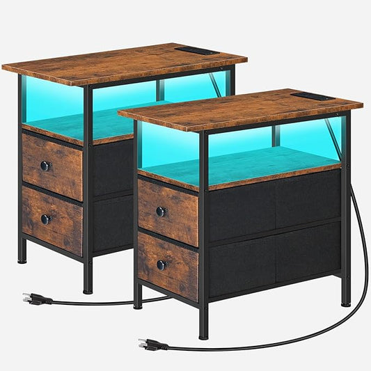 HOOBRO Narrow Side Table Set 2 with LED Light and USB C Port, Night Stand with Charging Station, Skinny End Table with 2 Fabric Drawers, for Bedroom, Living Room, Rustic Brown and Black BF486UDBZP201