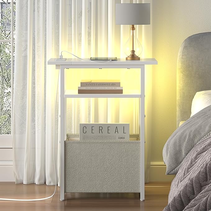 Narrow Side Table with Charging Station, LED End Table Set of 2 for Small Spaces, Skinny Nightstands Set 2 with Storage Basket, 3 Tier Sofa Bedside Tables for Living Room,Bedroom, White