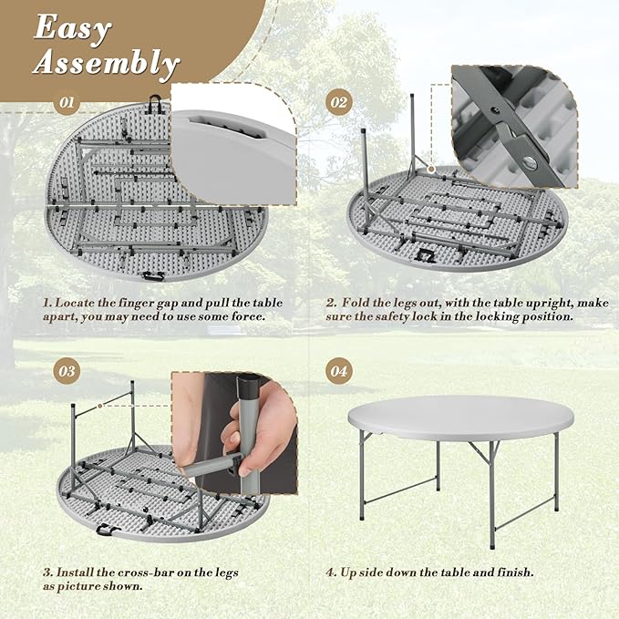 Athena Collection 5.5 ft Plastic Folding Dining Table, Large Foldable Round Card Table Portable with Carry Handle Heavy Duty Fold-in-Half for Indoor Outdoor Party Camping, Grey-NeatNest