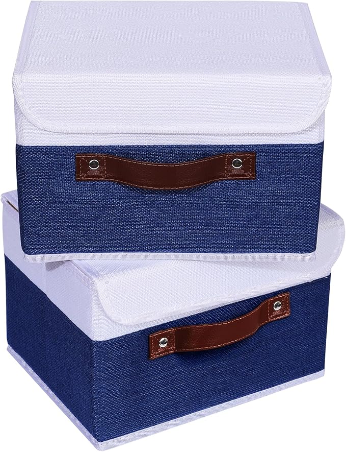 ANMINY 4PCS Storage Boxes with Lid Washable Decorative Storage Bin Basket with PU Leather Handle Foldable Linen Fabric Storage Cube Container for Home Closet Organizer - Deep Blue White, Small Size-NeatNest