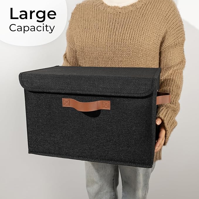 GRANNY SAYS Storage Bins with Lids, Decorative Storage Boxes with PU Handles, Black Storage Bin, Linen Closet Organizer, Shelf Baskets, Fabric Storage Bins for Clothes-NeatNest