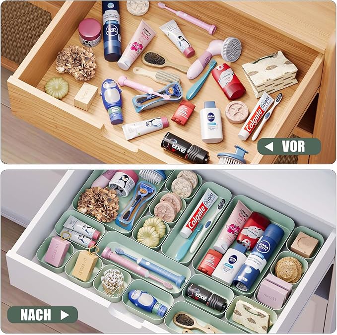 Plastic Drawer Organizers, 18 PCS Drawer Organizer Bins, Bathroom and Vanity Organizer Plastic Tray, Makeup organizer and storage for Makeup, Bedroom, Kitchen Gadgets Utensils and Office (Green)-NeatNest