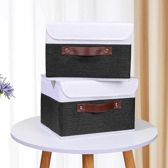 ANMINY 4PCS Storage Boxes with Lid Washable Decorative Storage Bins Basket with PU Leather Handle Foldable Linen Fabric Storage Cubes Containers for Home Closet Organizer - Black White, Small Size-NeatNest