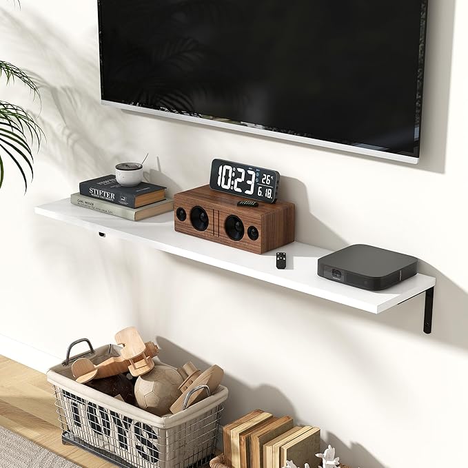 Fun Memories Deep Floating Shelves, 48W x 8D Floating Shelves Set of 2, Wall Mounted Shelf with Metal Brackets, Rustic Wood Wall Shelf for Bathroom, Kitchen and Living Room, White-NeatNest