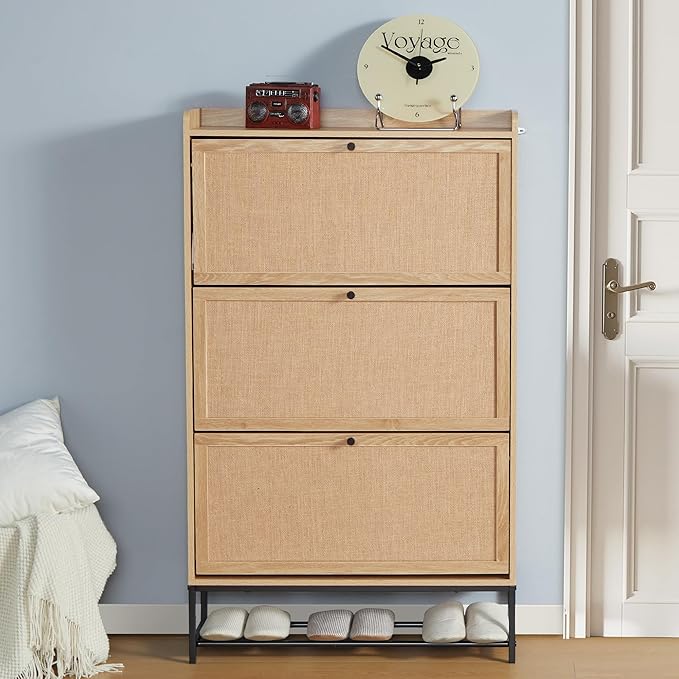 LEVNARY Shoe Storage Cabinet with 3 Flip Drawers, Freestanding Shoe Cabinet Storage Organizer for Entryway, Wooden Narrow Shoe Racks Cabinet with Metal Legs for Hallway (Natural Oak)-NeatNest