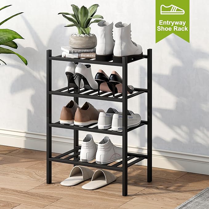 BMOSU 4-Tier Bamboo Small Shoe Rack Premium Stackable Shoe Shelf Storage Organizer for Hallway Closet Living Room Entryway Organizer (Black Bamboo)-NeatNest