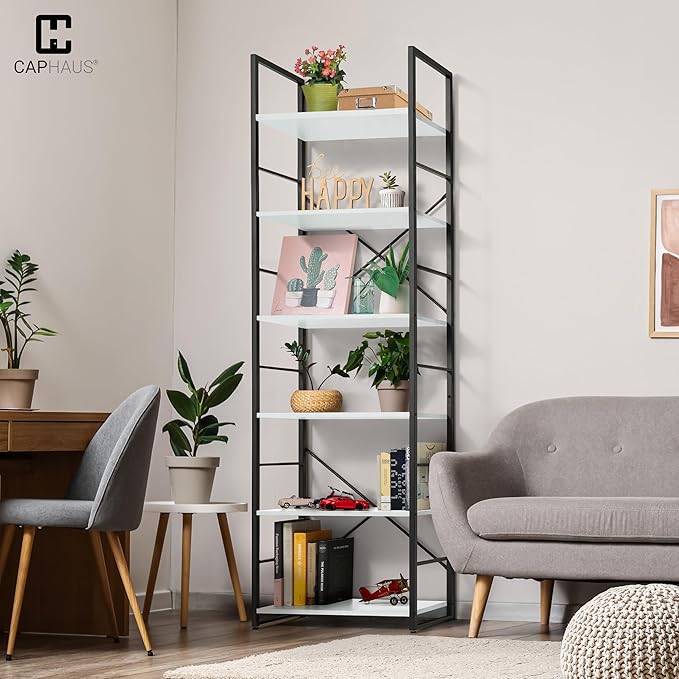 CAPHAUS 6 Tier Bookshelf, 24 Inch Width Free Standing Shelf, Bookcase Shelf Storage Organizer, Industrial Book Shelves for Home Office, Living Room, Kitchen, White Shelves & Metal Frame-NeatNest
