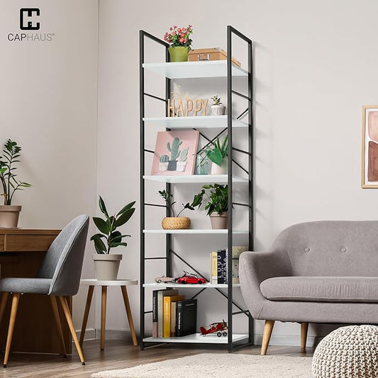 CAPHAUS 6 Tier Bookshelf, 24 Inch Width Free Standing Shelf, Bookcase Shelf Storage Organizer, Industrial Book Shelves for Home Office, Living Room, Kitchen, White Shelves & Metal Frame-NeatNest