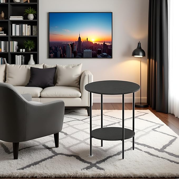 Side Table,Round End Table with 2 Storage Shelves| Compact Side Tables for Living Room, Couch, Office & Bedroom | Narrow Accent Table as Space-Saving Small Bedside Table 18x18x22in(Black)