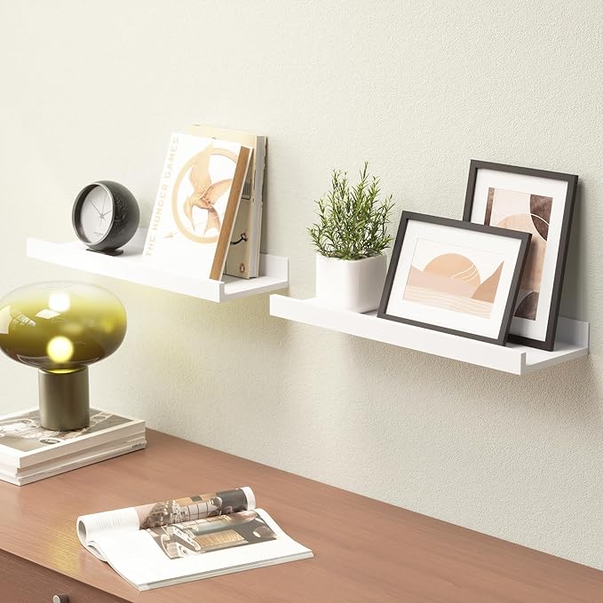 Floating Shelves Wall Mounted Set of 2, Modern White Shelves for Bedroom, Nursery Shelves with Lip, Display Picture Ledge Shelf for Wall Decor Living Room Bathroom Kitchen - White-NeatNest