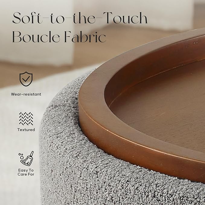 30 Inch Round Storage Ottoman Coffee Table, Modern Boucle Ottoman with Lift-Off Lid and Solid Wood Legs for Living Room, Bedroom, Corners, Apartments (Light Grey)