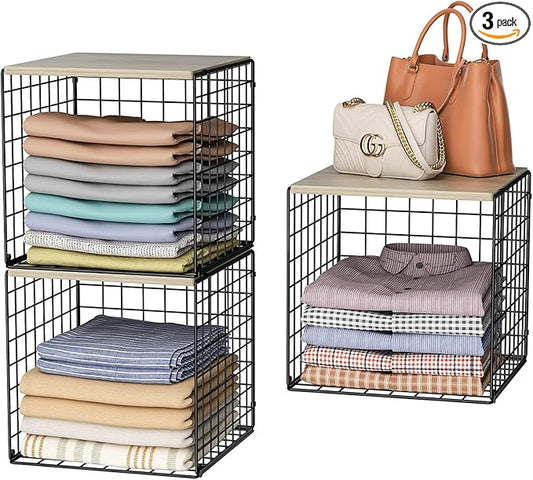 3PCS Stackable Closet Organizers and Storage, Shelves with Wood Top Extra Storage, Clothes Organizer Basket, Bin, or Tube for Wardrobe and Home Organization (Black-Sturdy Metal) Patent Pending-NeatNest