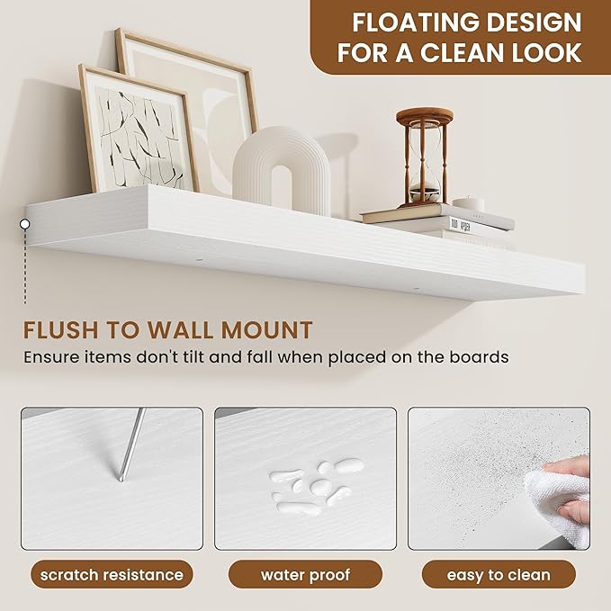 fuqing Floating Shelves for Wall, Bathroom Shelf Wall Mounted for Storage, Shelves with Invisible Bracket for Bedroom, Kitchen, Living Room, Farmhouse Small Book Shelf, 36 Inch Set of 2, White-NeatNest