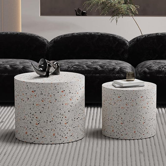 Round Nesting Coffee Table Set of 2 Terrazzo Round Drum Fluted Coffee Tables for Small Space Modern Stacking Nesting Tables Minimalist Circle Center Table 2 Piece for Living Room (Terrazzo)