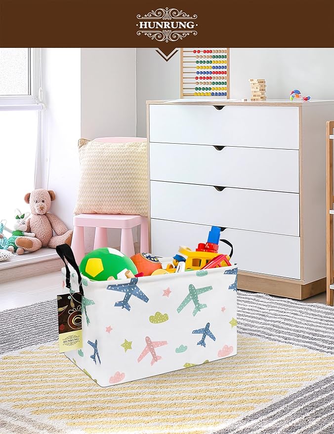 HUNRUNG Rectangle Storage Basket Cute Canvas Organizer Bin for Pet/Children Toys, Books, Clothes Perfect for Rooms/Playroom(REC-Color Aircraft)