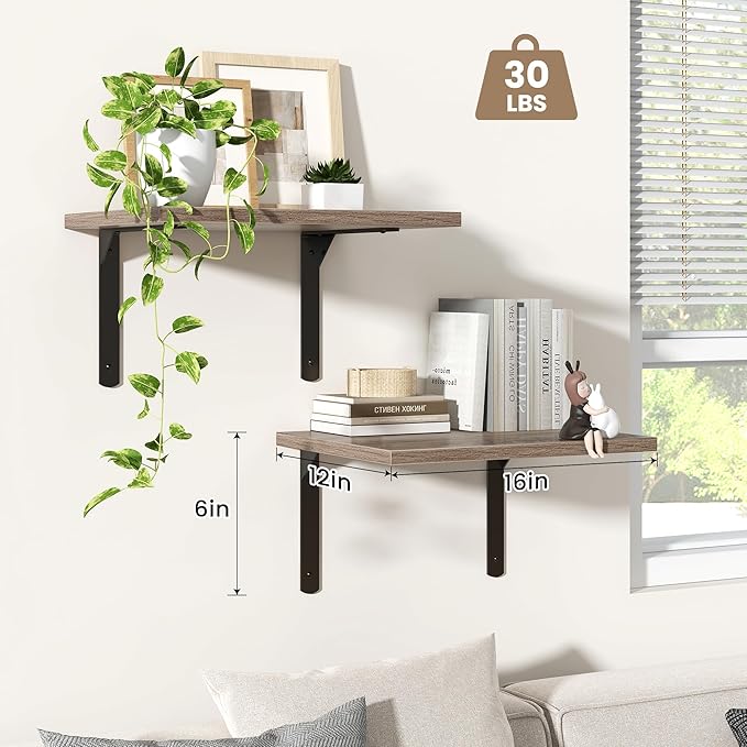 Fun Memories Floating Shelves for Wall, 12 Inch Deep Floating Shelves Set of 2, Wall Mounted Shelf with Metal Brackets, Rustic Wood Wide Shelf for Bathroom, Kitchen and Living Room, Grey, 16W x 12D-NeatNest