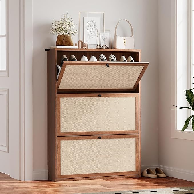 AVZEAR Narrow Shoe Storage Cabinet for Entryway with Natural Linen Panel, Freestanding Slim Shoe Cabinet with 3 Flip Drawers, Wood Shoe Organizer Closed Shoe Rack for Hallway, Living Room(Walnut)-NeatNest