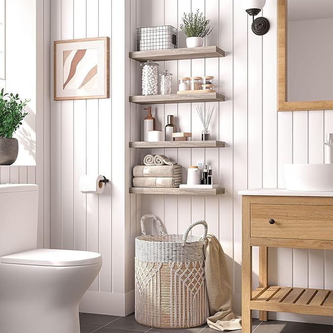 HOOBRO Floating Shelves, Wall Shelf Set of 2, 23.6 Inch Hanging Shelf with Invisible Brackets, for Wall Decor in Bathroom, Bedroom, Toilet, Kitchen, Living Room, Office, Greige BG60BJ01G1-NeatNest