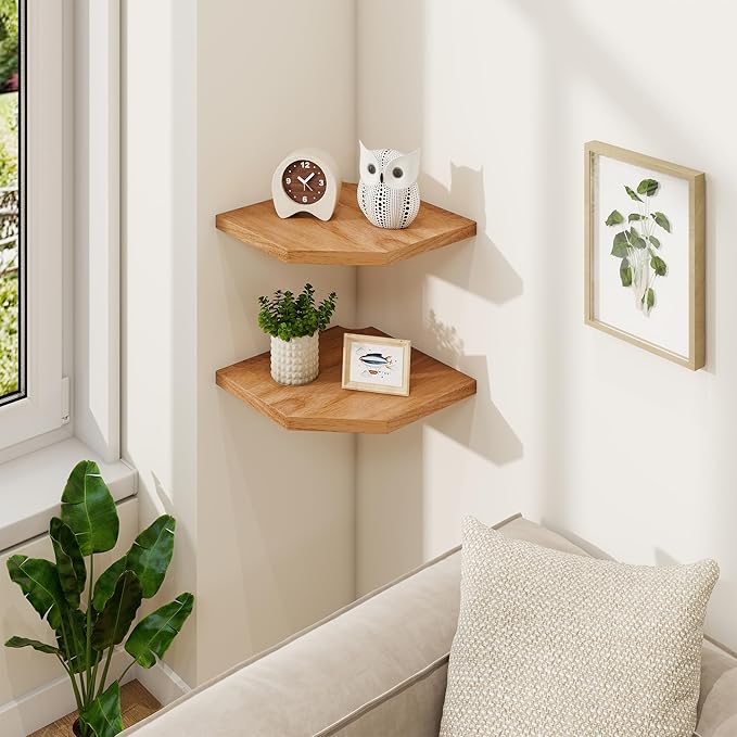 Fun Memories Corner Shelf Wall Mount, Solid Oak Wood Floating Corner Shelves with Cable Hole, 10in Rustic Design for Bedroom, Bathroom, Kitchen, Living Room (Natural, 1 Pack)-NeatNest