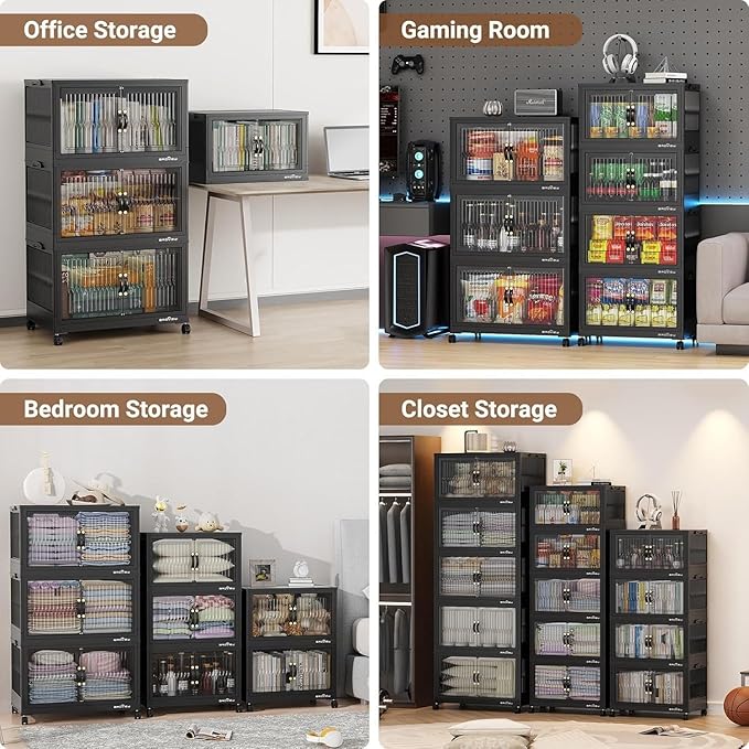 240Qt Stackable Storage Bins with Lid, Extra Large Closet Organizer Collapsible Drawer Boxes with Wheels, Folding Plastic Cabinet Containers for Home Kitchen Room Organization, 3Pack Black