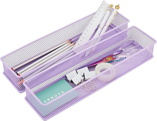 Annova Mesh Stackable Drawer Cabinet and Shelf Organizer Bins Storage Basket School Office Supply Holder Tray- Set of 2 (Light Purple, 3x12x2 Inch)-NeatNest