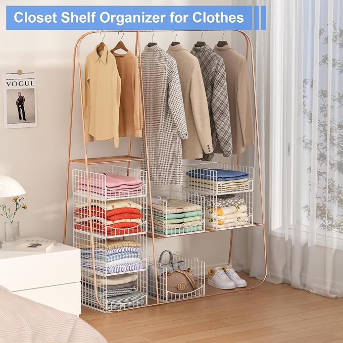 4-Tier Stackable Closet Organizers and Storage Shelves, Clothes Storage Basket Sweater Organizer Bins Container for Wardrobe Kitchen Bathroom Office, White