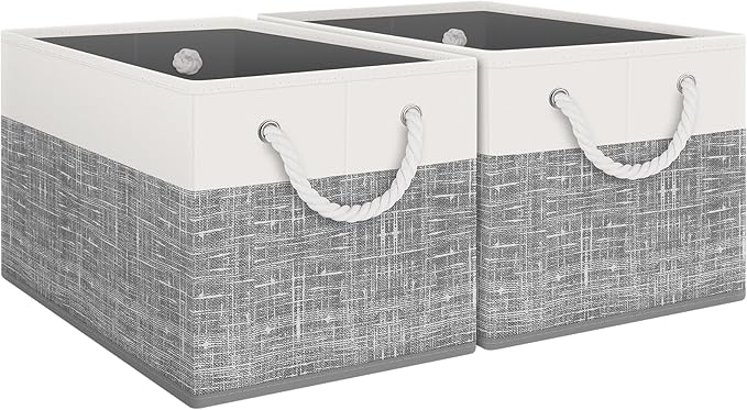 Fab totes Storage Bins [2-Pack], Foldable Storage Baskets for Organizing Toys, Books, Shelves, Closet, Large Storage Box with Rope Handles, Sturdy Organizer Bins, White & Grey-NeatNest