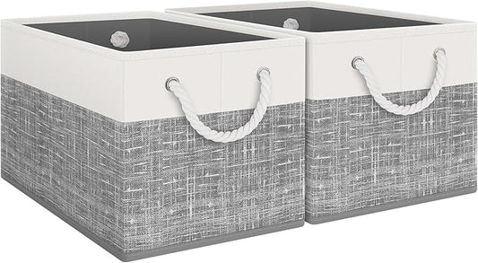 Fab totes Storage Bins [2-Pack], Foldable Storage Baskets for Organizing Toys, Books, Shelves, Closet, Large Storage Box with Rope Handles, Sturdy Organizer Bins, White & Grey-NeatNest