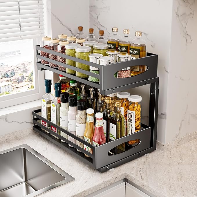 Under Sink Organizer, 2 Tier Under Sink Organizers and Storage, Adjustable Height, Slide out Metal Cabinet Organizers, Pull out Cabinet Storage Drawer Shelf for Kitchen Bathroom Black, 1 Pack-NeatNest